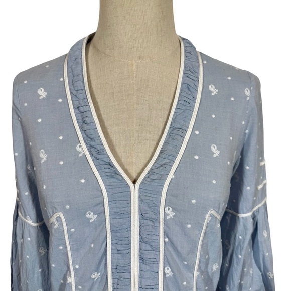 Ulla Johnson Etienne Blouse Chambray Floral Embroidered Swiss Dot - Picture 6 of 13